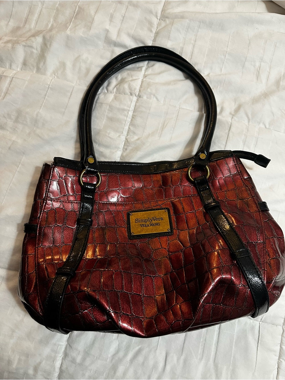 SimplyVera Burgundy Red Croc Patent Tote